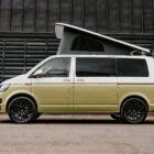 Passenger side view of Spartan T6.1 LWB Campervan in Candy White and Military Green