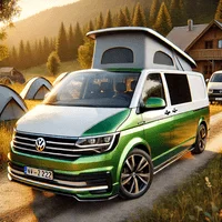 Thumbnail of a green and white two-tone Volkswagen VW T6 campervan on a campsite, surrounded by tents and a scenic outdoor setting with trees.