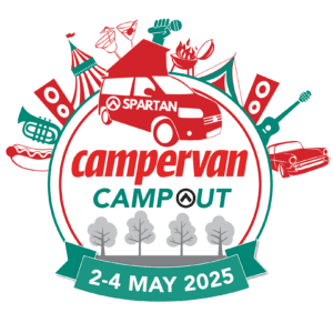 Badge design for the Spartan Camp Out 2025 event, featuring an exclusive campervan gathering for Spartan owners with outdoor activities, BBQ, and community fun.