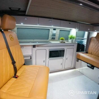 Fudge-trimmed Spartan bench seat shown fully swivelled towards living area