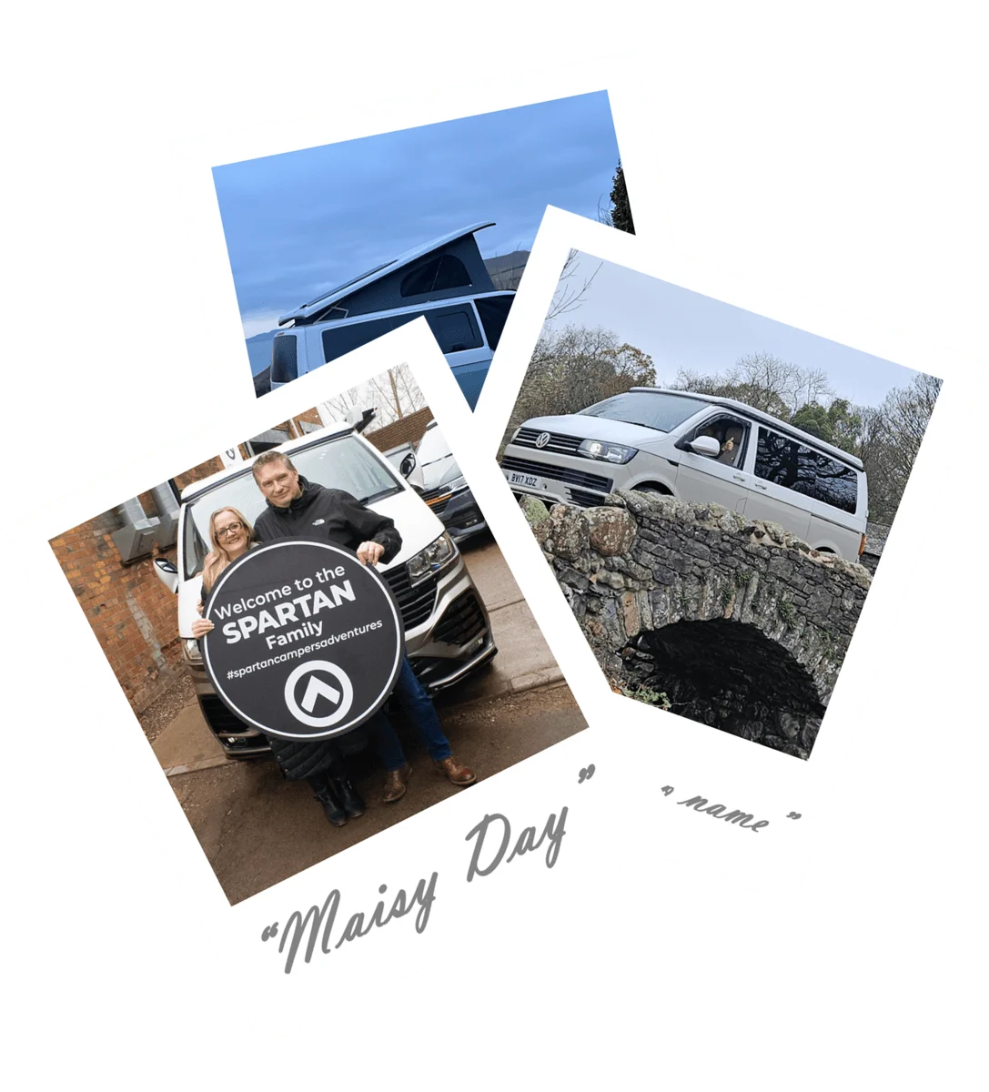 A collection of Polaroid-style photos showcasing Spartan campervan owners, capturing their adventures, road trips, and van life experiences as part of the Spartan Family.