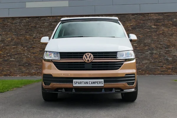 Copper Bronze VW T6.1 LWB campervan showing the front straight on poptop down
