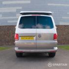 Squirrel Grey VW T6 SWB campervan showing the rear straight on poptop up