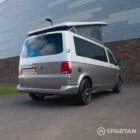Squirrel Grey VW T6 SWB campervan showing the rear driver quarter poptop up