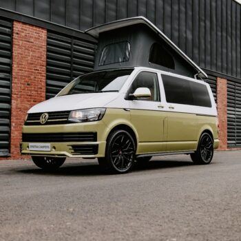 Front passenger quarter view of VW T6 Spartan Campervan with poptop up