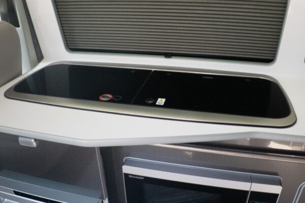 Compact sink and hob built into the Carbon-effect kitchen counter