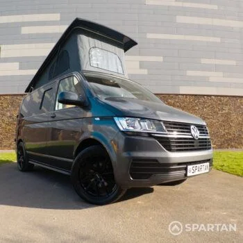 Hero shot of VW T6.1 campervan from driver side front with wheels turned