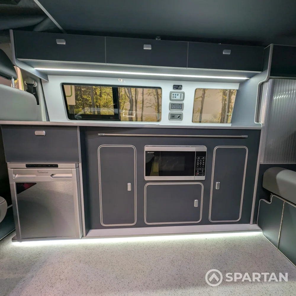 Spartan campervan interior kitchen with premium Storm Cloud Grey and gloss finish GK21SFX