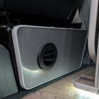 Diesel night heater fitted beneath slate grey kitchen in VW T6.1 SWB campervan
