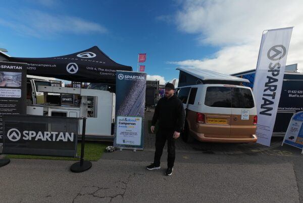Joe from Spartan campers giving a tour of the Harrogate show setup