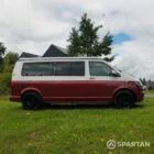 Driver side view of VW T6.1 Business Pack LWB campervan with pop-top down, Fortana Red and Candy White
