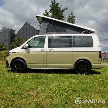 Passenger side view of VW T6.1 Highline SWB campervan with pop-top up, Military Green and Candy White