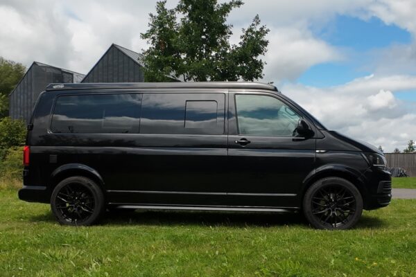 VW T6 LWB Deep Black campervan driver side view poptop down