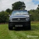 VW T6 LWB Deep Black campervan front straight on view poptop down