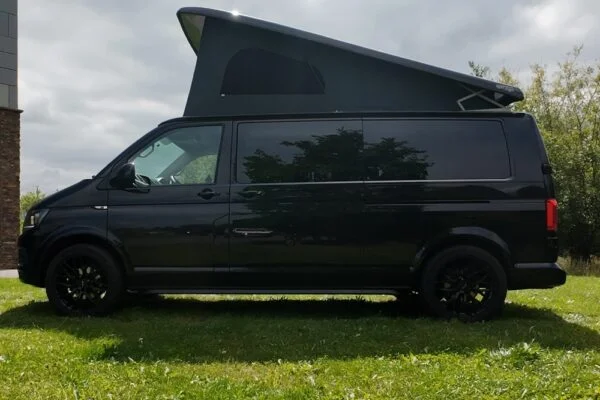 VW T6 LWB Deep Black campervan passenger side view poptop up
