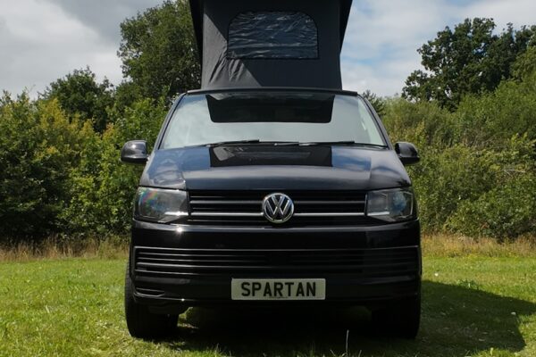 VW T6 LWB Deep Black campervan front straight on view poptop up
