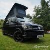 VW T6 LWB Deep Black campervan front driver quarter view poptop up