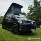 VW T6 LWB Deep Black campervan front driver quarter view poptop up