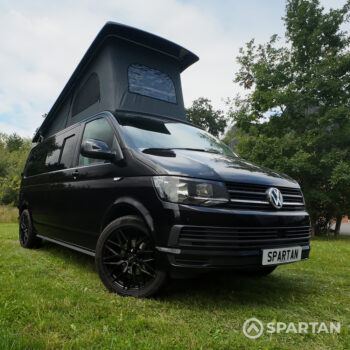 VW T6 LWB Deep Black campervan front driver quarter view poptop up