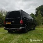 VW T6 LWB Deep Black campervan rear driver quarter view poptop down
