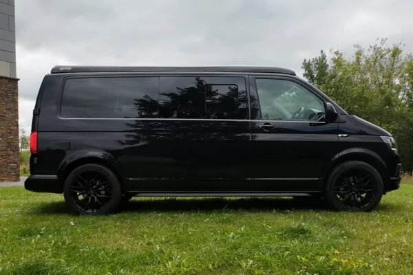 VW T6 LWB Deep Black campervan driver side view poptop down