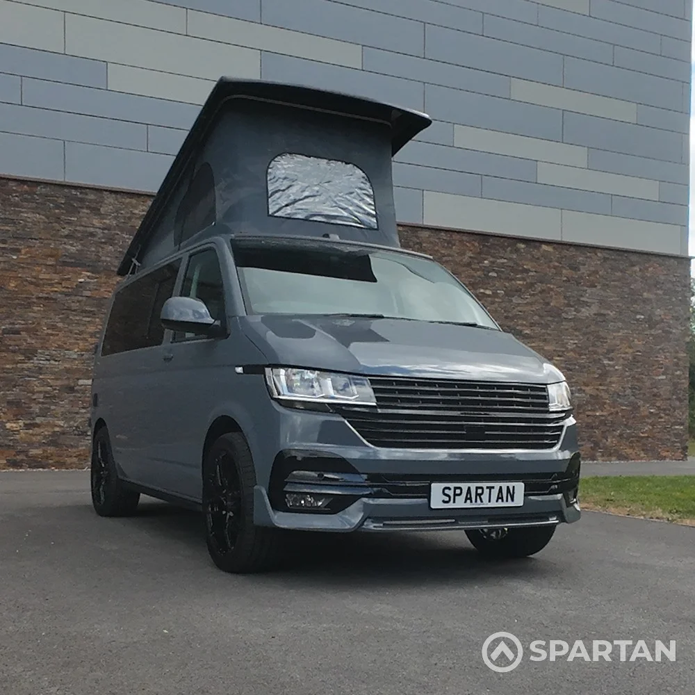 Front Driver Quarter Poptop Up - VW T6.1 SWB Pure Grey campervan with Blizzard flooring, Slate Grey and Burgundy interior, Dusk Grey upholstery