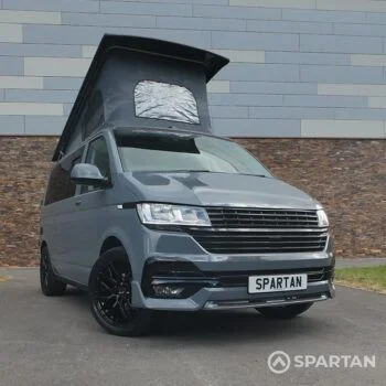 Front Driver Quarter Poptop Up - VW T6.1 SWB Pure Grey campervan with Blizzard flooring, Slate Grey and Burgundy interior, Dusk Grey upholstery