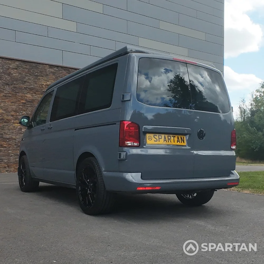 Rear Passenger Quarter Poptop Down - VW T6.1 SWB Pure Grey campervan with Blizzard flooring, Slate Grey and Burgundy interior, Dusk Grey upholstery