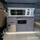 VW T6.1 Candy White & Squirrel Grey campervan rock and roll bed with liquor diamond-stitched upholstery