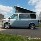 VW T6.1 SWB Squirrel Grey and Candy White campervan passenger side on poptop up by Spartan Campers