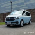 VW T6.1 SWB Squirrel Grey and Candy White campervan front passenger quarter poptop down by Spartan Campers