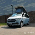 VW T6.1 SWB Squirrel Grey and Candy White campervan front passenger quarter poptop up by Spartan Campers