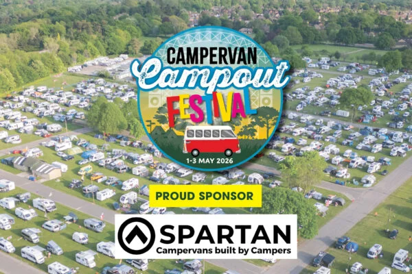 Campervan Campout Festival 2026 badge — South of England Showground, Ardingly, West Sussex — Spartan Campers Stage headline sponsor