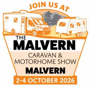 Malvern Caravan & Motorhome Show 2026 badge — Three Counties Showground, Malvern Hills — autumn campervan and caravan exhibition with Spartan Campers