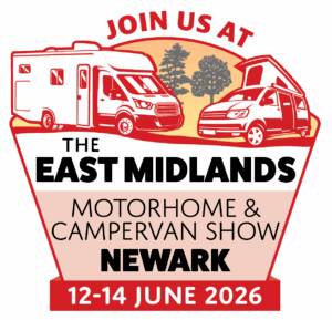 East Midlands Motorhome & Campervan Show 2026 badge — Newark Showground, Nottinghamshire — campervan exhibition and live music weekend
