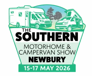 The Southern Motorhome & Campervan Show 2026 badge — Newbury Showground, Berkshire — 60s music, campervan exhibition and Spartan Campers display