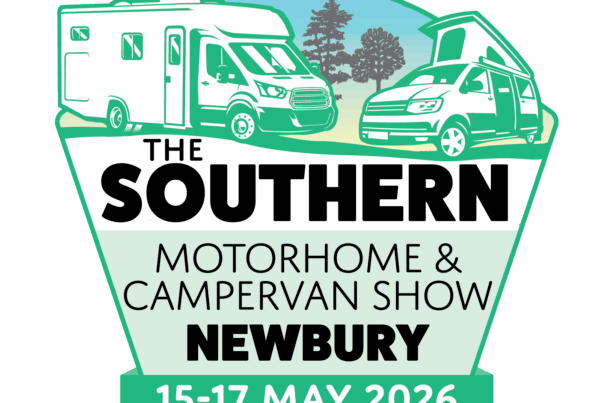 The Southern Motorhome & Campervan Show 2026 badge — Newbury Showground, Berkshire — 60s music, campervan exhibition and Spartan Campers display