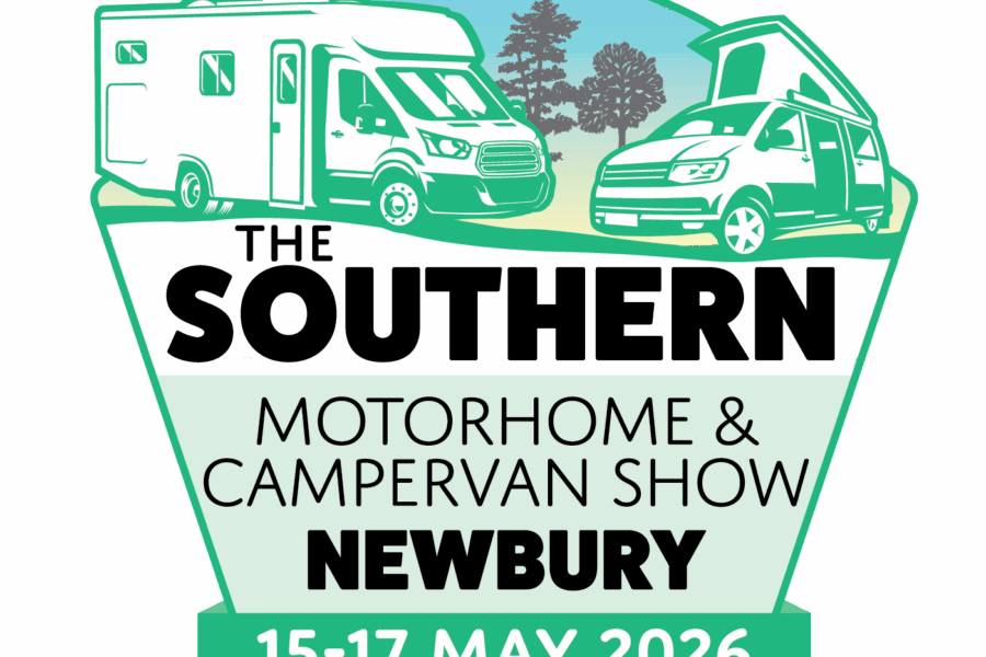 The Southern Motorhome & Campervan Show 2026 badge — Newbury Showground, Berkshire — 60s music, campervan exhibition and Spartan Campers display