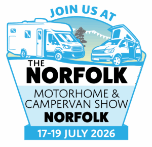 Norfolk Motorhome & Campervan Show 2026 badge — Norfolk Showground, Norwich — Out & About Live Summer Party with Spartan Campers