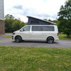 Side view of VW T6 2018 Spartan Conversion LWB campervan, showcasing clean two-tone paint and body styling.