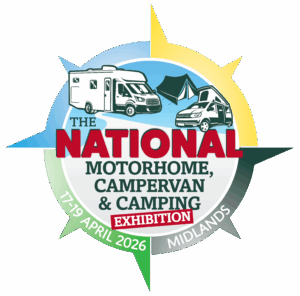 The National Motorhome, Campervan & Camping Exhibition badge — Stoneleigh Park, Warwickshire, April 17–19 2026 — UK indoor campervan show launch