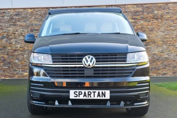VW T6.1 Transporter campervan in gloss black with a spartan conversion from the front