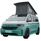 VW Transporter T7 campervan in two tone bayleaf and white with pop-top roof, passenger-side front quarter view.