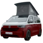 VW Transporter T7 campervan in two tone fortana red and clear white with pop-top roof, passenger-side front quarter view.