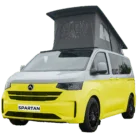 VW Transporter T7 campervan in two tone rapeseed yellow with pop-top roof, passenger-side front quarter view.