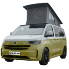 VW Transporter T7 campervan in two tone warm military green with pop-top roof, passenger-side front quarter view.