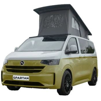 VW Transporter T7 campervan in two tone warm military green with pop-top roof, passenger-side front quarter view.