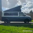 Spartan Campers VWT6 long wheel base campervan in bamboo and candy white. front drivers side with roof up