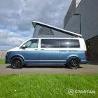 Spartan Campers VWT6 long wheel base campervan in bamboo and candy white. front passenger side with roof up