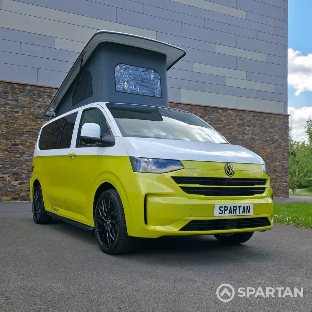 VW T7 Commerce Plus, SWB Spartan campervan conversion in Jaune Agued and Clear White. Fitted with a mobiframe bed
